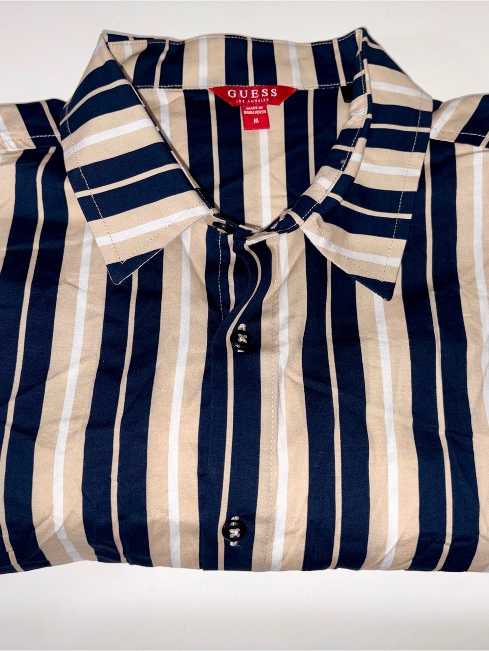 GUESS Navy and Tan Vertical Stripe Button-Down Shirt